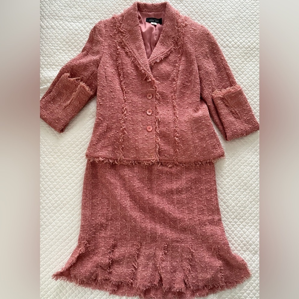 Rickie Freeman for Teri John Boucle Tweed Suit in Pink Size 8 - Picture 2 of 11
